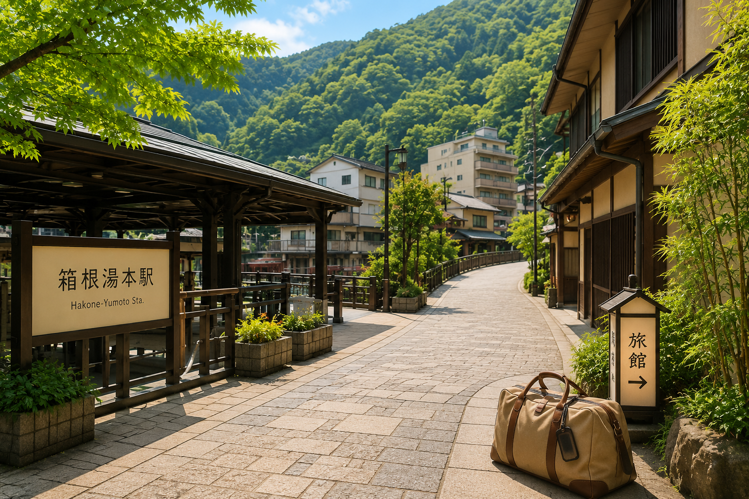 箱根湯本で子連れ旅行に使いやすい温泉街と宿のイメージ