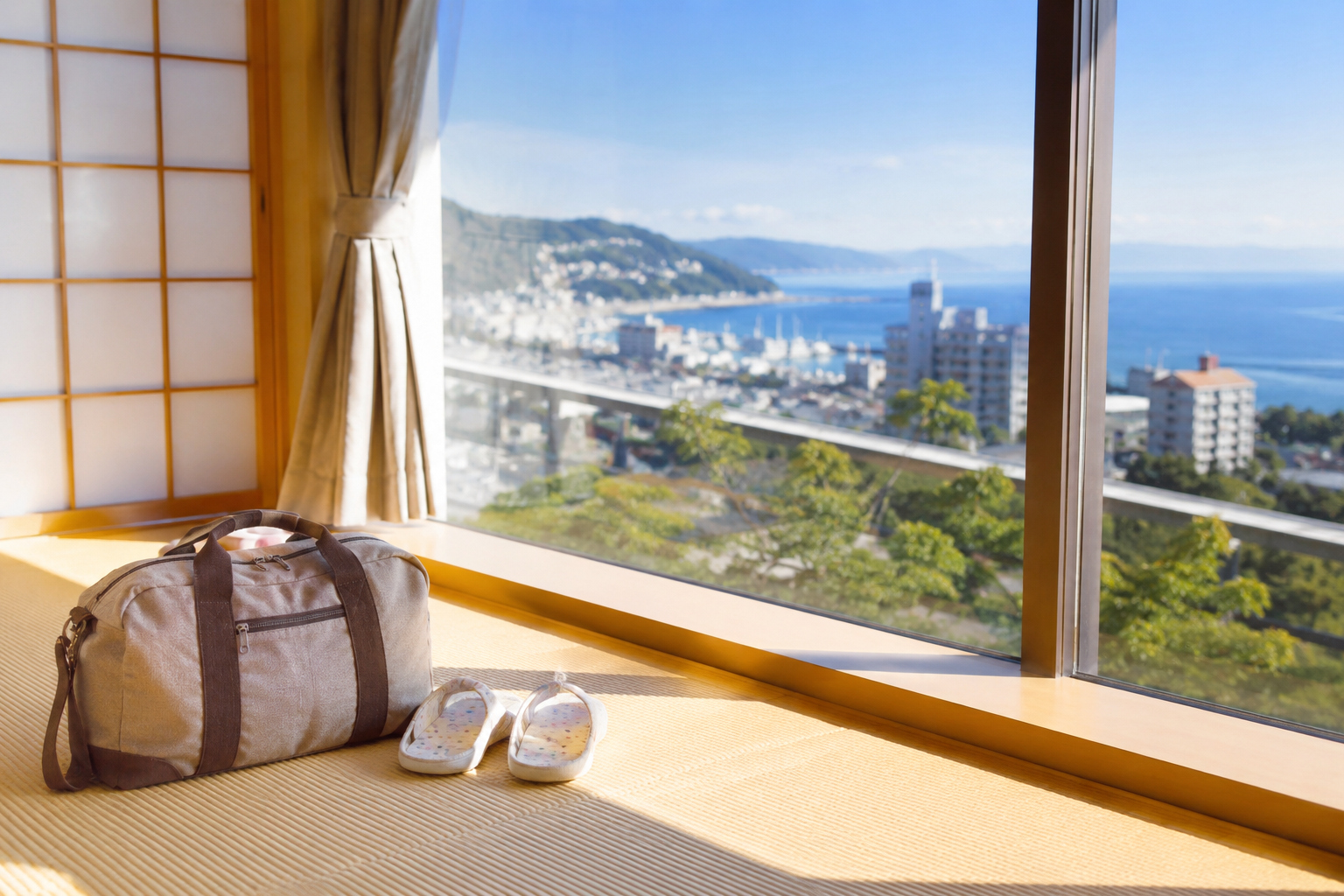 伊豆・伊東の子連れ温泉旅行をイメージした和室と旅行バッグ